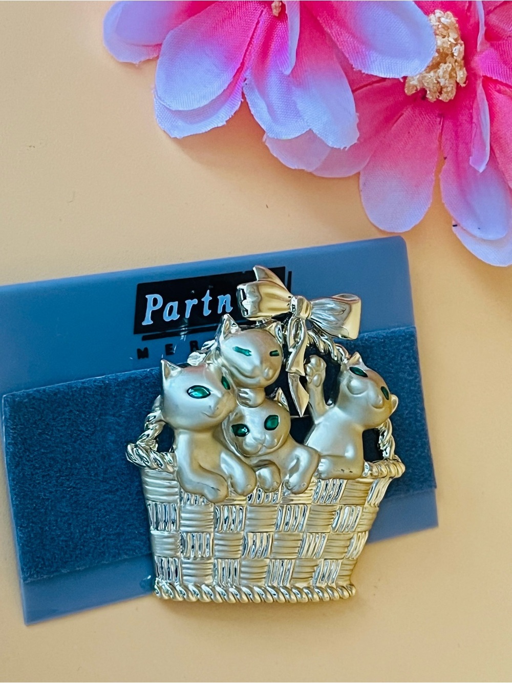 Gold-Tone Cat Basket Brooch with Green Eyes